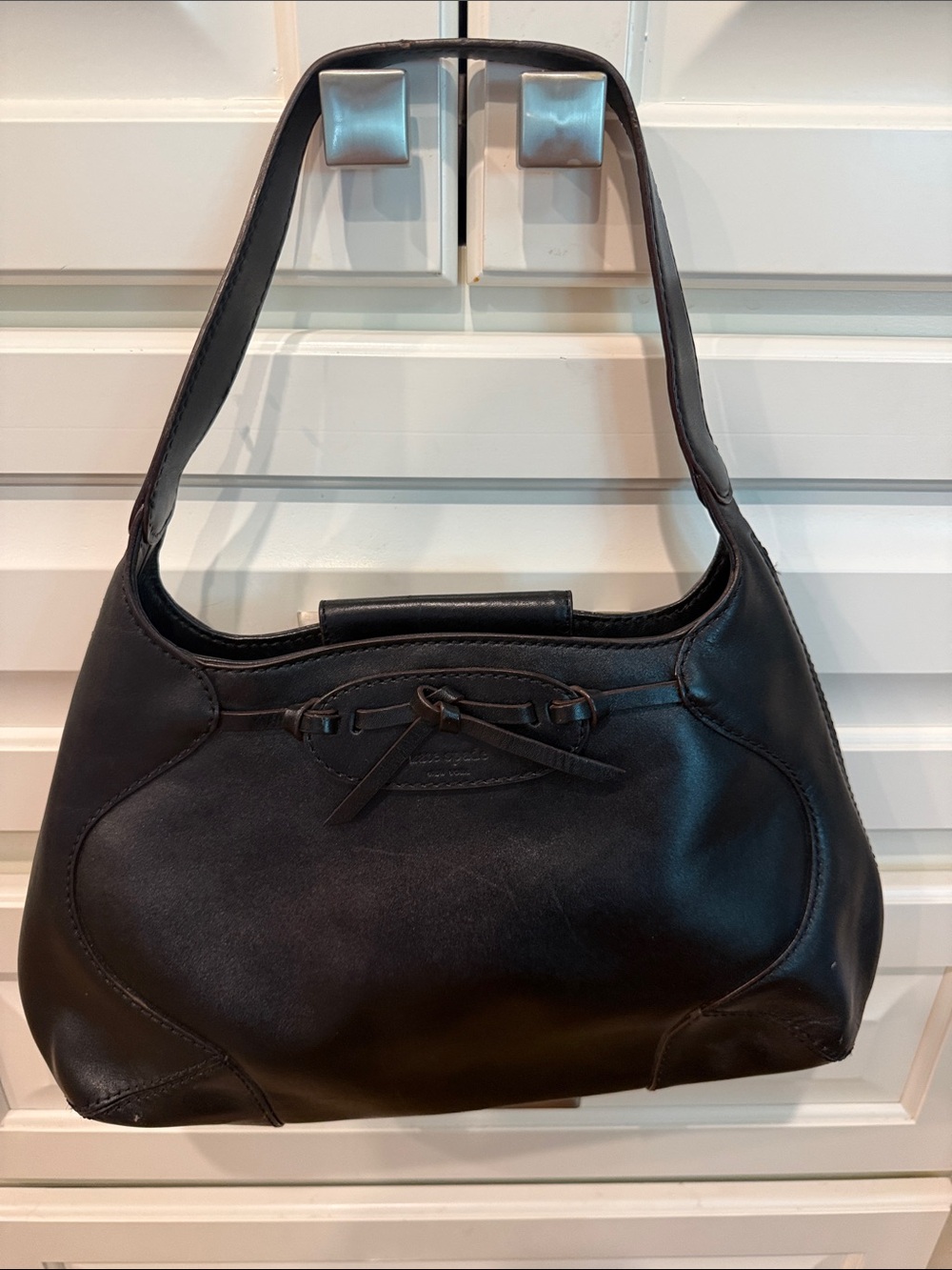 kate spade Black Leather Shoulder Bag with Bow Detail green interior
